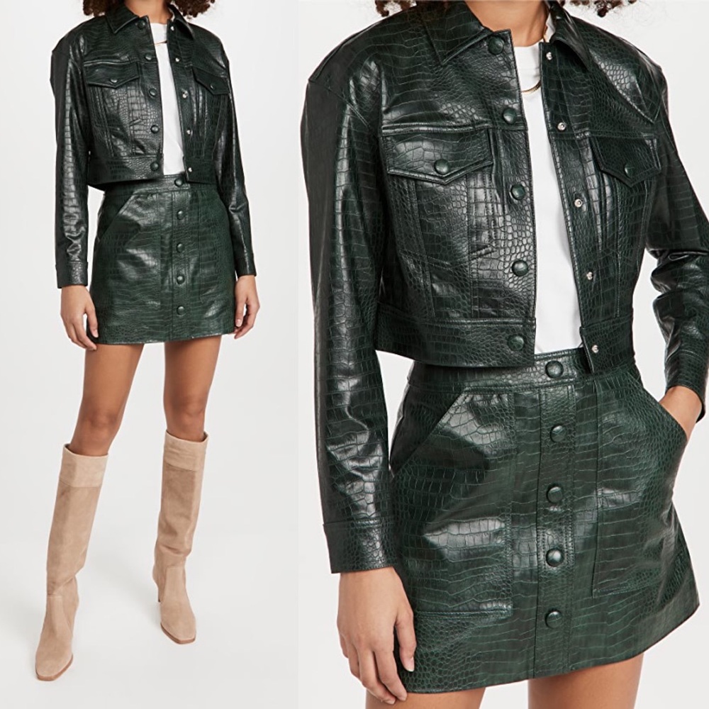 Veronica Beard Green Croc-Embossed Leather Jacket